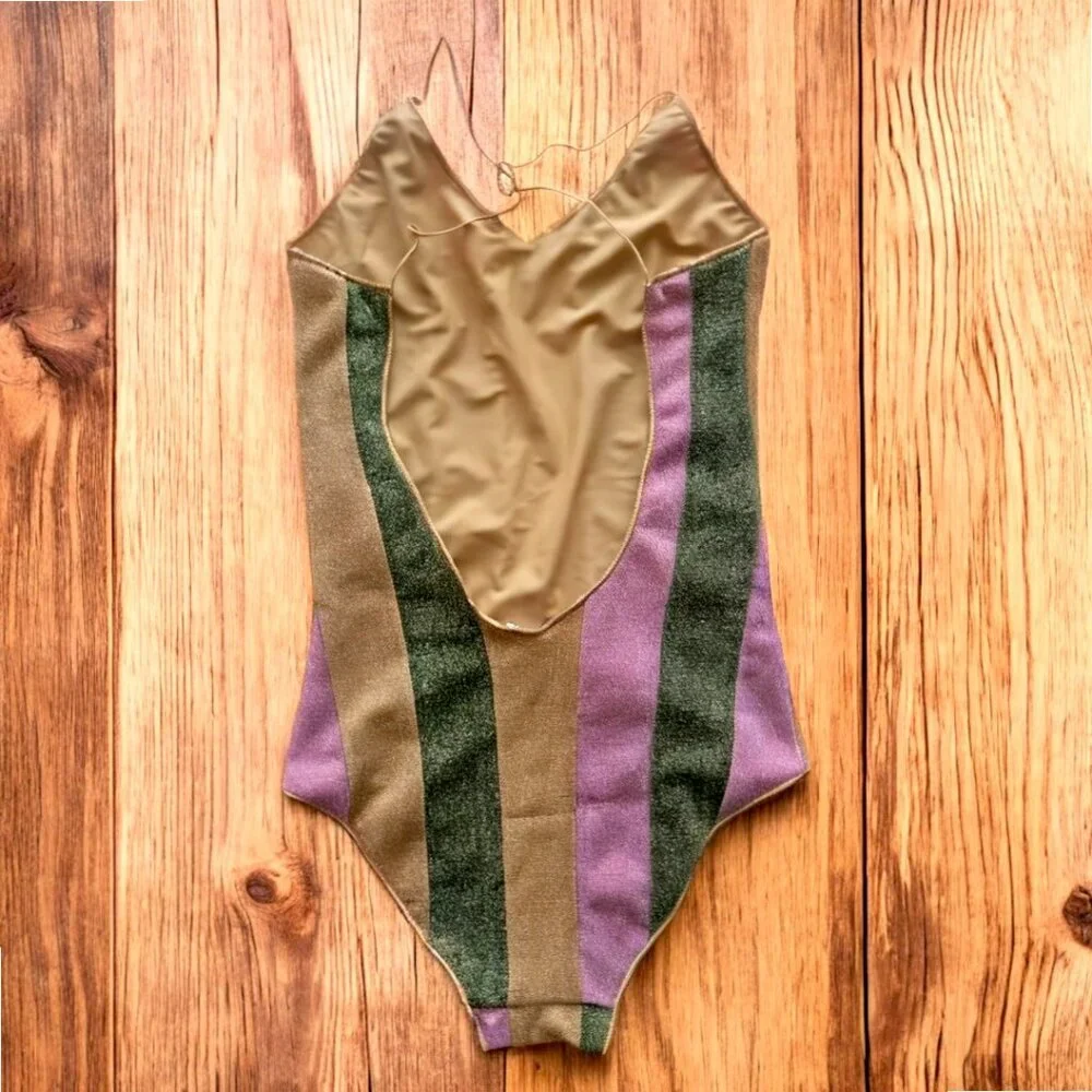 Oseree Gold, Green, and Pink Striped One-Piece Swimsuit - Picture 3 of 4